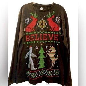 Holiday Sweater, Dec 25 size L, black plus colorful designs. Long sleeves.